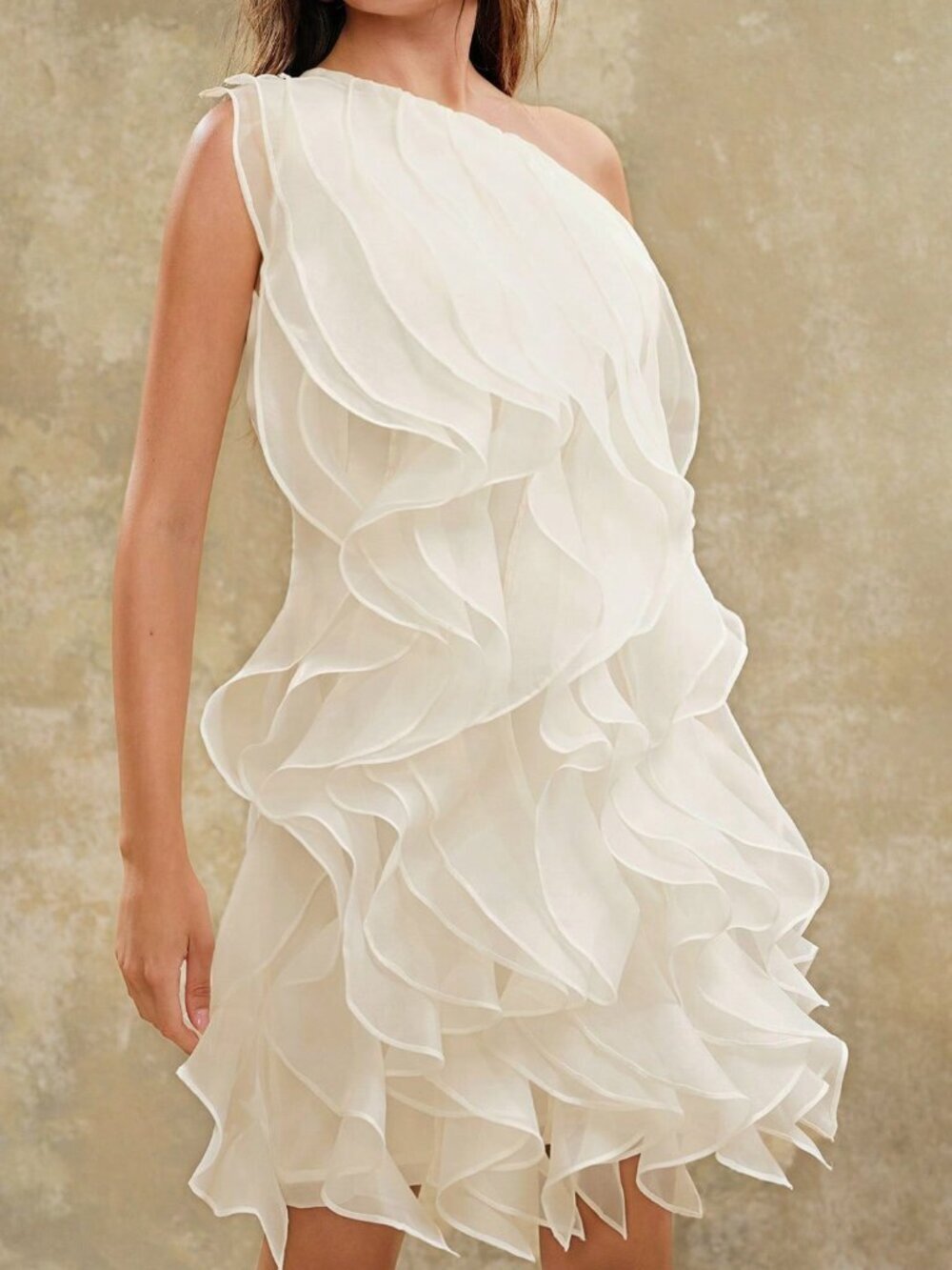 White Elegant One-Shoulder Women's Chiffon Party Dress with Ruffle Tiered Skirt - Picture 4 of 8